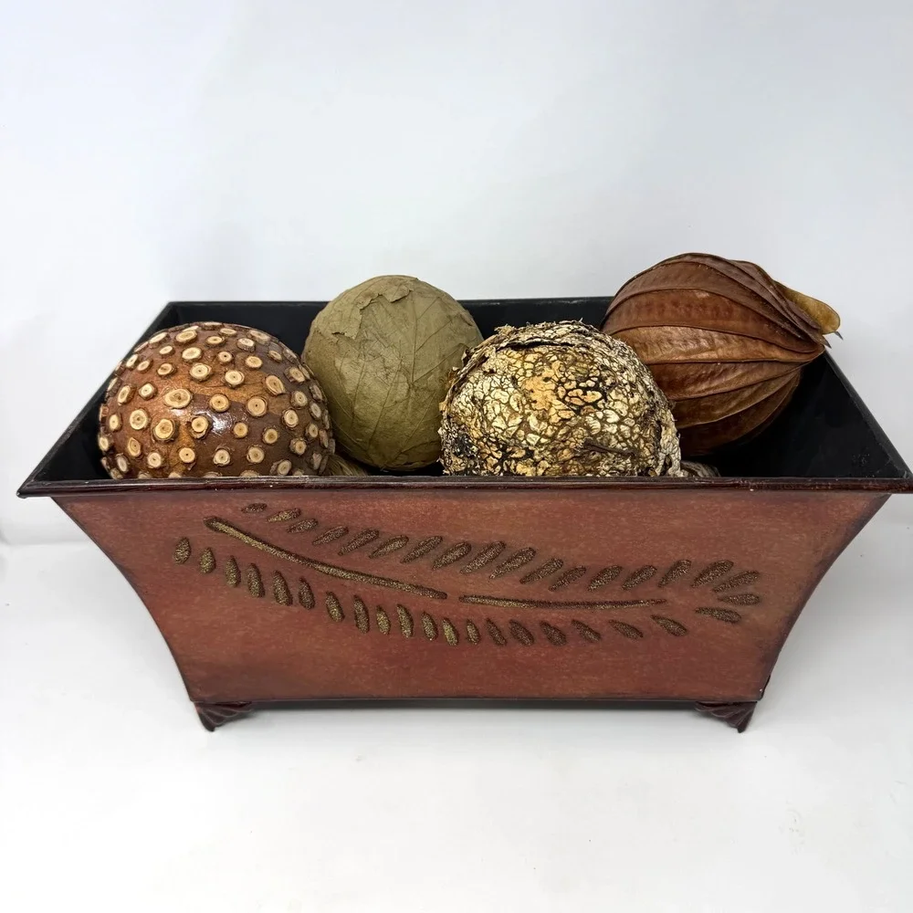 Metal Planter Box with Gold Leaf Motif and 7 Decorative Orbs 16in Autumn Decor